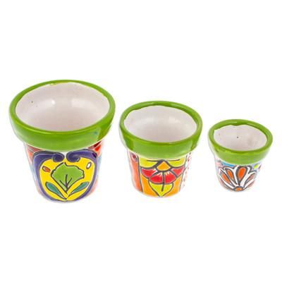 'Set of 3 Hand-Painted Talavera Ceramic Flower Pots in Kiwi'