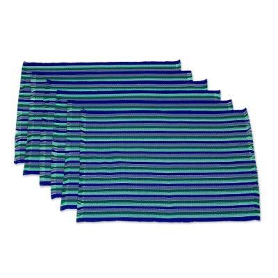 Colors of the Sea,'Set of Six Striped Cotton Placemats in Blue from Guatemala'