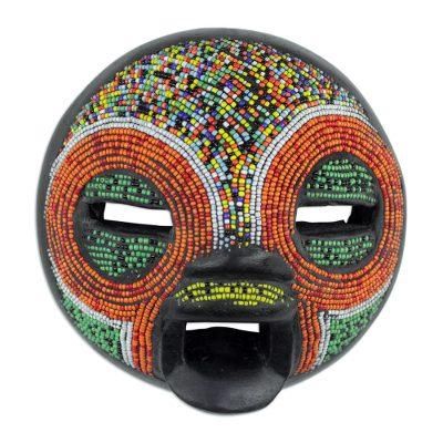 'Multi-Colored Recycled Glass Bead and Sese Wood African Mask'