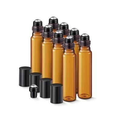 8pcs Amber Glass Roller Bottles 10ml Mini Empty Roll On Bottles Small Perfume Essential Oil Sample Vials Container For Aromatherapy Cosmetic Skincare Liquid - Travel Accessories