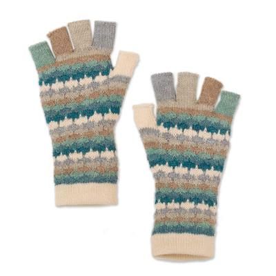 Teal Colorful Life,'Knit Ivory Blue and Grey 100% Baby Alpaca Fingerless Gloves'