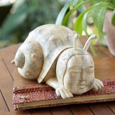 'Whimsical Wood Sculpture of a Snail Man Hand-Carved in Bali'