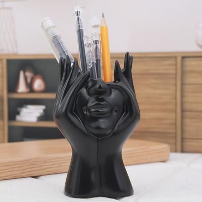 TEMU 1pc Resin Art Pen Holder In Face-holding Design - Decor Accent, In White, Golden, And Black - Organizing Writing Instruments, Pens For Writing