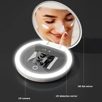 UV Mirror Sunscreen Testing Camera with Light 2X Magnification Travel Makeup 3.5in Pocket Size L