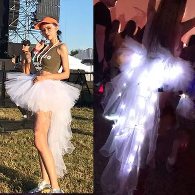 LED Light Up Women Lady Sexy Glowing Tutu Multilayer Tulle Fluffy Princess Dance Skirt Long Tail Bar Party Wedding Festival