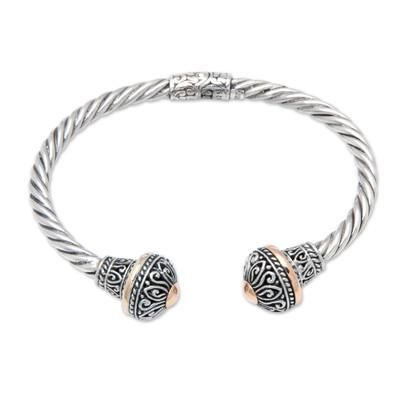 '18k Gold-Accented Silver Cuff Bracelet with Floral Details'