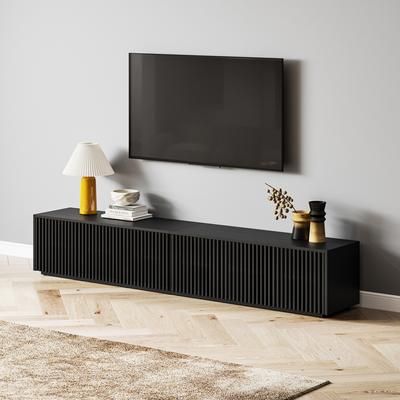 95" Modern Minimalist Wood TV Stand, Slatted Entertainment Center Media Console, Black TV Console, Perfect for 65-inch TVs