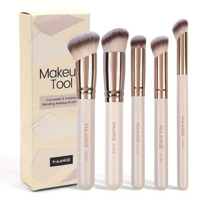 TEMU Maange 5pcs Makeup Brush Set - Includes Blush, Foundation & Contour Brushes - Portable Travel Kit For Types - Nylon Bristles, Abs Handle - Perfect Day Or Valentine's Gift
