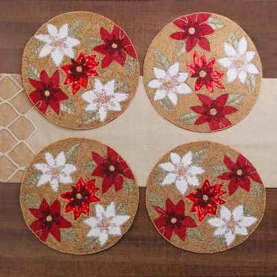 Poinsettia Blooms,'Set of 4 Floral White and Red Glass Beaded Placemats'