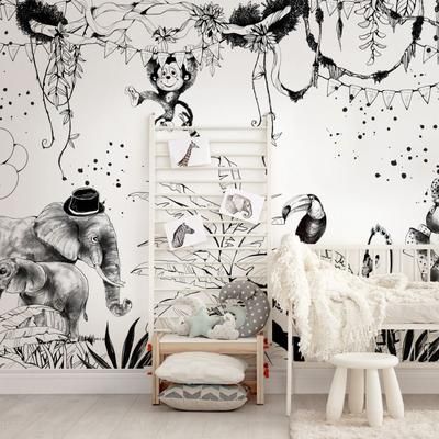 Carta da parati panoramica circo della giungla bianco e nero 255x250cm