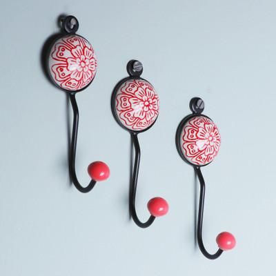 Floral Muse in Red,'Set of Three Floral Red Ceramic and Brass Coat Hooks'