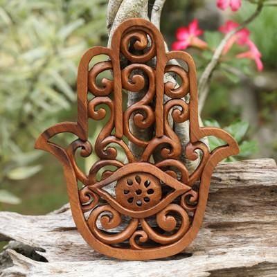 'Hand-Carved Wood Wall Relief Panel of Hamsa Evil Eye Amulet'