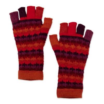 Red Vibes,'Knit Red Brown and Purple 100% Baby Alpaca Fingerless Gloves'