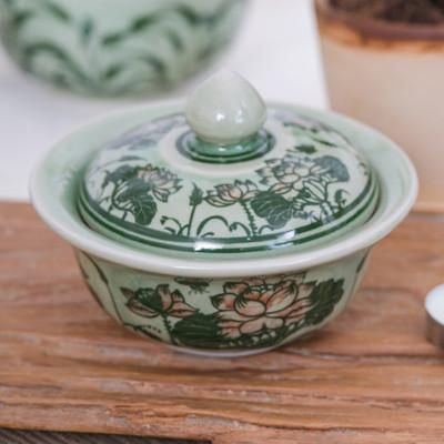 'Thai Lotus Flower-Themed Celadon Ceramic Jar in Green'