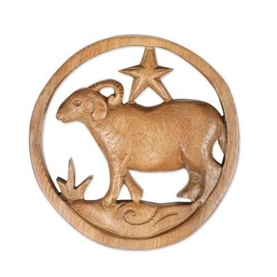 'Aries-Themed Hand-Carved Round Suar Wood Relief Panel'