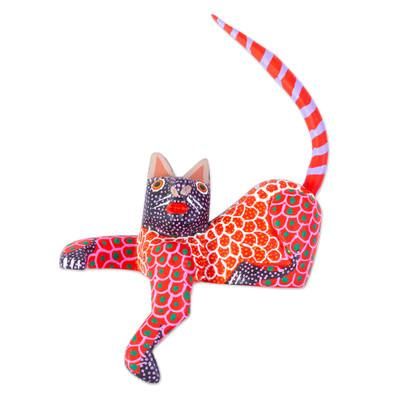 Lounging Cat in Red,'Mexican Wood Alebrije Figurine'