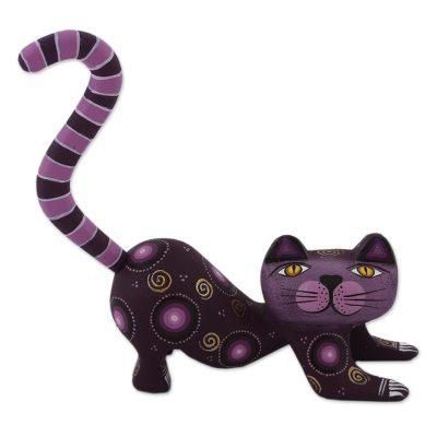 Curiosity Cousin in Purple,'Handcrafted Purple Wood Alebrije Playful Cat Figurine'