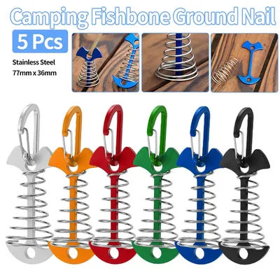 5 Pcs Spring Fishbone Deck Pegs Tent Stakes Awning Anchor Wind Rope Buckle with Carabiner Deck Fixed Nails Camping Tent Hooks
