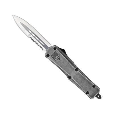 CobraTec Knives FS-3 Medium OTF Automatic Folding Knives 3in D2 Steel Dagger 1 Sided Serrated Blade Stonewash Aluminum Handle MSWFS3DAG1SS