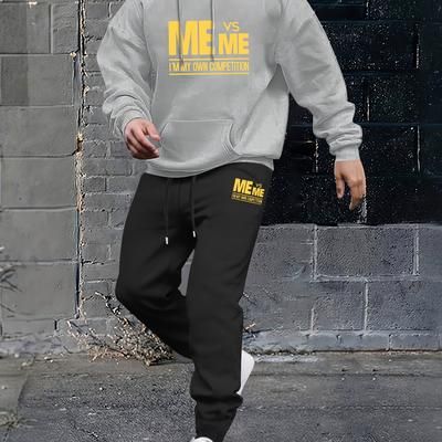 Me Vs Me I Am My Own Competition Print Men's 2pcs Outfits Casual Crew Neck Long Sleeve T-shirt Hooded Sweatshirt & Drawstring Sweatpants Joggers Set For Winter Fall Men's Clothing