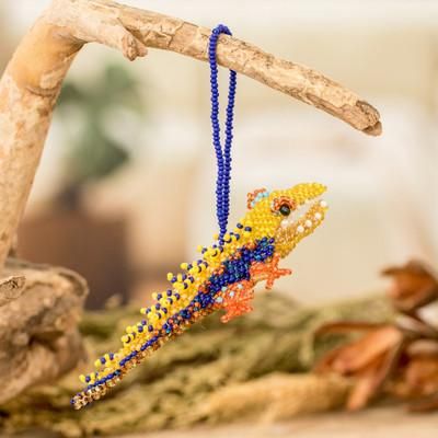 'Yellow Blue Orange Glass Beaded Crocodile-Themed Ornament'
