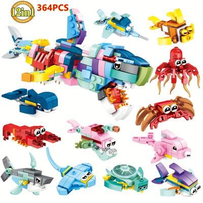 TEMU Ocean Animal Building Blocks Set: 12 Or A Shark, Suitable For 6-8, Abs Material