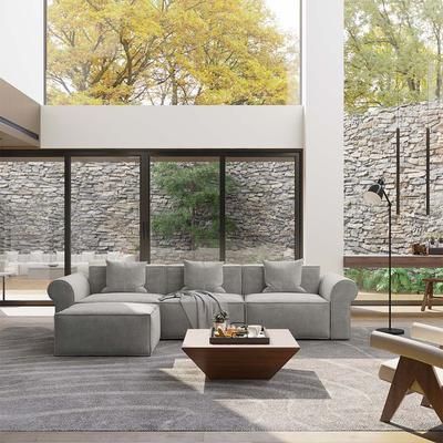 113.78" Roll Arm Modular Sofa with Ottoman, Deep Seat Couch, Anti-scratch and Water-proof, Living Room Sofa,Fabric, Light Gray