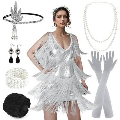 Anni Ruggenti Anni 1920 Mini Vestito Abito Flapper Abiti Senza maniche Il grande Gatsby Charleston Invitato al matrimonio Paillettes Frangia con nappe Piuma Scollo a V Costume Per donna Capodanno