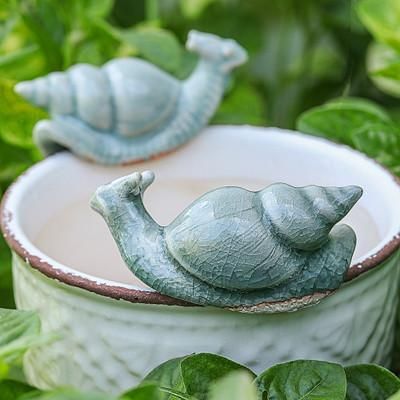 Tranquil Shells,'Pair of Crackled Celadon Ceramic Snail Figurines in Blue'
