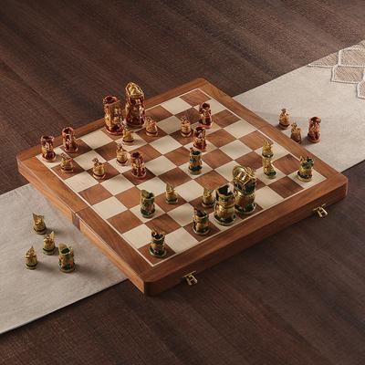 'Hand-Painted Red and Green Wood Chess Set from India'