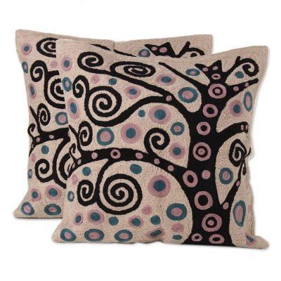 Cheery Tree,'Black Tree Embroidered Cotton Cushion Covers (Pair)'