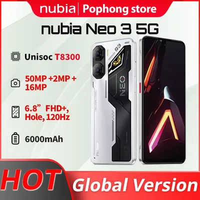 Original Global Version Nubia Neo3 5G smartphone Unisoc T8300 Octa-core 2.2GHz 6.8 fHD+ Hole, 120Hz 2030*900, 50M 16M 6000mA