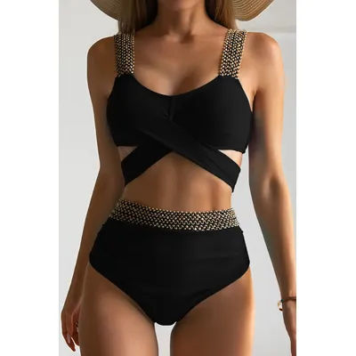 Maillots de bain noirs à bretelles taille haute pour femmes 2026 – Maillot de bain uni à bandage pour la plage et la natation