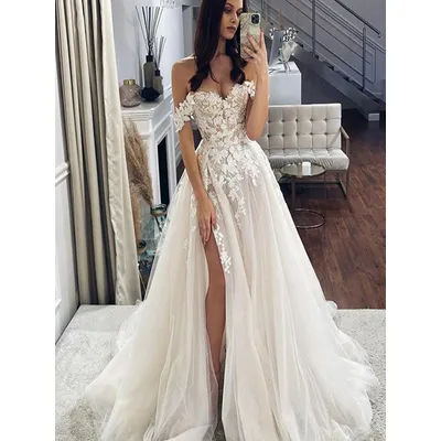 Lace Wedding Dresses Off The Shoulder Sweetheart Neck Bridal Gowns Side Split Vintage Appliques Vestido de novia
