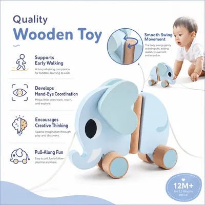 Wooden children's elephant pulling rope cart, towing toys, baby boy, baby girl toddler, children's gifts, early education toys