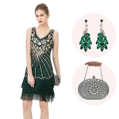 Anni Ruggenti Anni 1920 Lunghezza al ginocchio Abito Flapper Abiti Senza maniche Il grande Gatsby Invitato al matrimonio Paillettes Frangia con nappe Scollo a V Costume Per donna Natale Carnevale