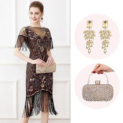 Anni Ruggenti Anni 1920 Lunghezza al ginocchio Abito Flapper Abiti Maniche corte Il grande Gatsby Invitato al matrimonio Paillettes Frangia con nappe Scollo Tondo Costume Per donna Natale Carnevale