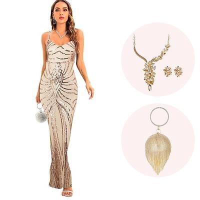 Anni Ruggenti Anni 1920 Lunghezza alla caviglia Abito da sera Abiti Senza maniche Il grande Gatsby Invitato al matrimonio Paillettes Scollo a V Costume Per donna Natale Carnevale Mascherata Festa
