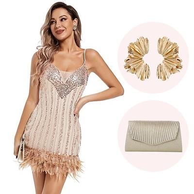Anni Ruggenti Anni 1920 Mini Abito Flapper Abiti Senza maniche Il grande Gatsby Invitato al matrimonio Paillettes Piuma Scollo a V Costume Per donna Natale Carnevale Mascherata Festa serale Halloween
