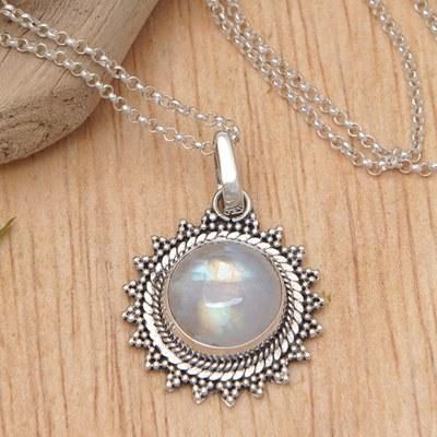 Sunday Moon,'Sun-Themed Natural Rainbow Moonstone Pendant Necklace'