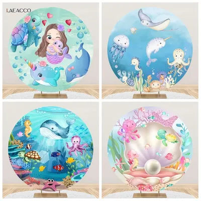 Whale Ocean Round Background Cute Dolphin Crab Under The Sea Baby Shower Kids Birthday Mermaid Decor