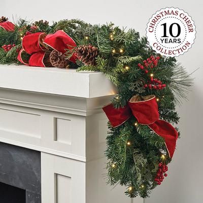 Set of 2 6 ft. Christmas Garland - Christmas Cheer Cordless Garland with Bow - Frontgate - Outdoor or Indoor Christmas Decorations