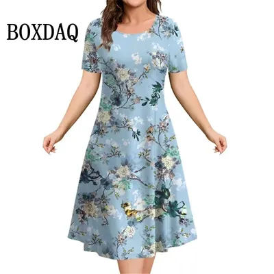Robes d'été à manches courtes pour femmes, imprimé de fleurs et de plantes, vêtements décontractés, rétro, amples, grande taille, 2023