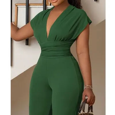 Combinaison pantalon pour femmes, couleur unie, taille serrée, vert, barboteuse, taille haute, dos croisé, été