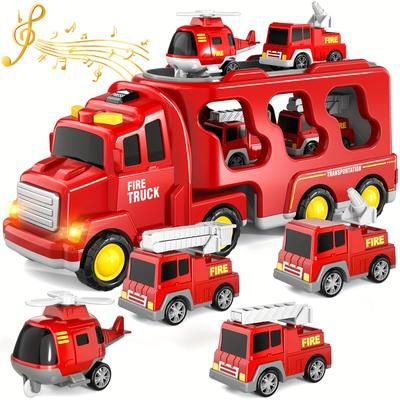 TEMU Fire Truck Toys For 3 4 5 6 Years Old Boys Toddlers, 5 In 1 Kids Carrier Fire Trucks Cars For Boy Toys Birthday, Car Trucks Friction Power Toys With Light Sound