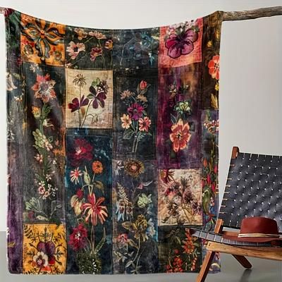 TEMU Vintage Floral Throw Blanket - Flannel With Tropical Accents, Cozy Sofa & Tv Blanket, 100% Polyester, 200-250g
