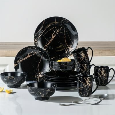 TEMU Black Plates And Bowls Sets For 4, Porcelain Dinnerware Sets 16 Piece Gold Splash Glaze Ceramic Dish Set, Round Dinner Set With Mugs, Dishwasher Microwave Safe