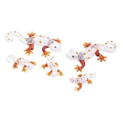 Gecko Gathering,'Set of 5 Handblown Glass Gecko Figurines in Warm Hues'