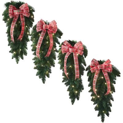 Pre-Lit Swags with Plaid Bows, set of 4 by BrylaneHome in Plaid Christmas Decoration
