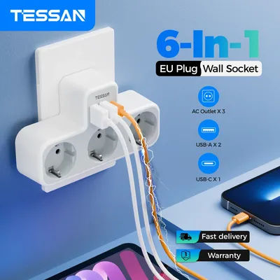 TESSAN EU Plug Power Strip with 3 AC Outlets +2 USB Ports+ 1 Type C, 6-in-1 Plug Socket Adapter Wall Charger for Home Office